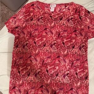 Vintage NICOLA Vibrant Red and Pink Patterned Short Sleeve Top